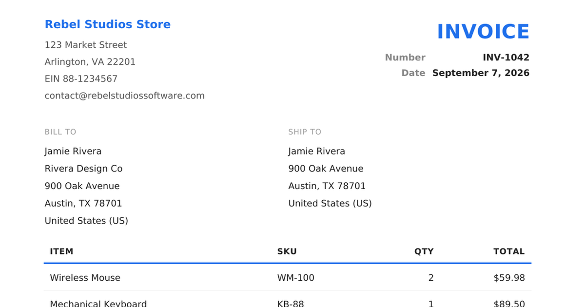 A WooCommerce invoice PDF with the store details, bill-to address and line items
