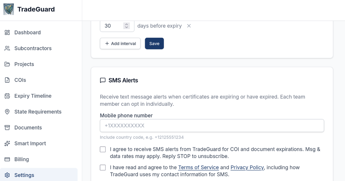 The TradeGuard dashboard with certificates of insurance, expiry timeline and text alerts