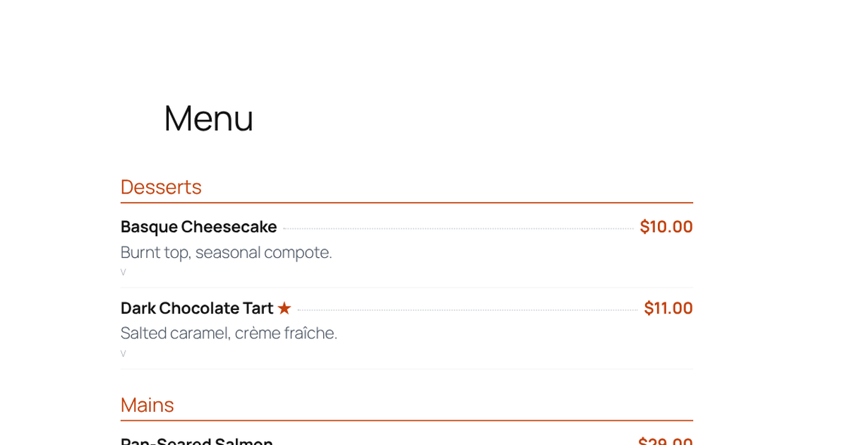 A restaurant's own online menu with desserts and mains, prices beside each dish