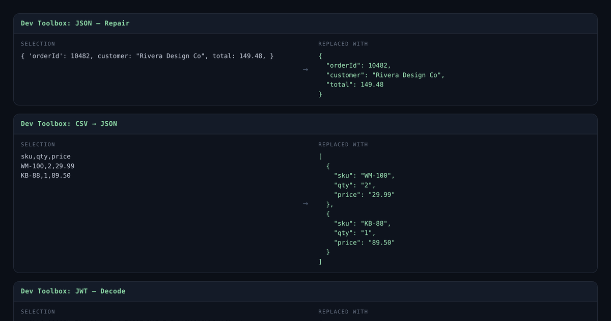 Four transforms shown as a selection and its result: messy JSON repaired into valid JSON, a CSV turned into a JSON array, a JWT decoded to its header and payload, and snake_case rewritten as camelCase