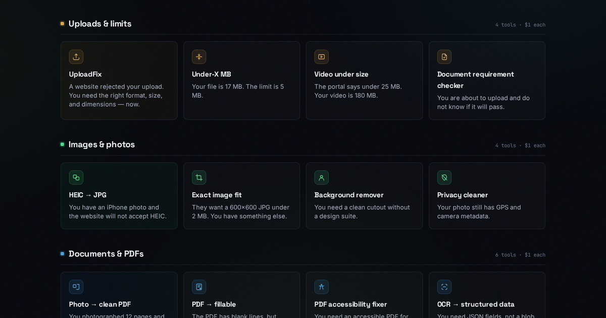The Rebel Studios tools page: upload and file fixes, each a small single-purpose tool at a dollar a use