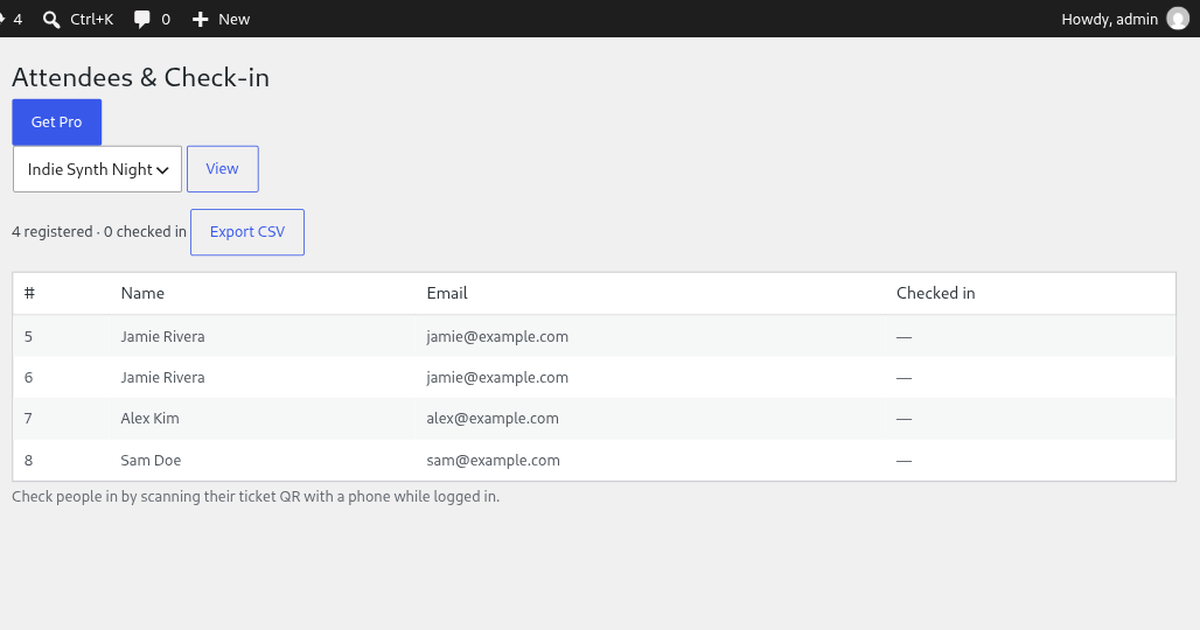 The attendees and check-in list for an event run on your own WordPress site