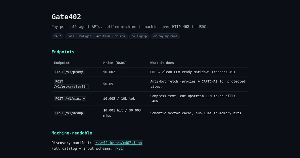 The gate402 landing page: a pay-per-call gateway that lets AI agents pay for an API with x402