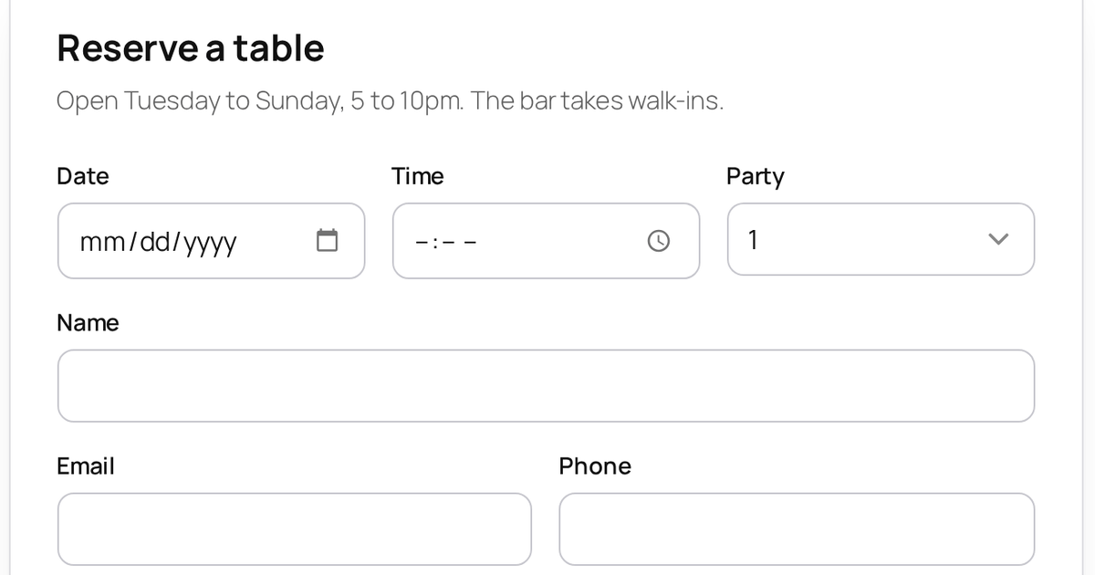 A restaurant's own booking form: date, time and party size, then name, email and phone, with a Request reservation button
