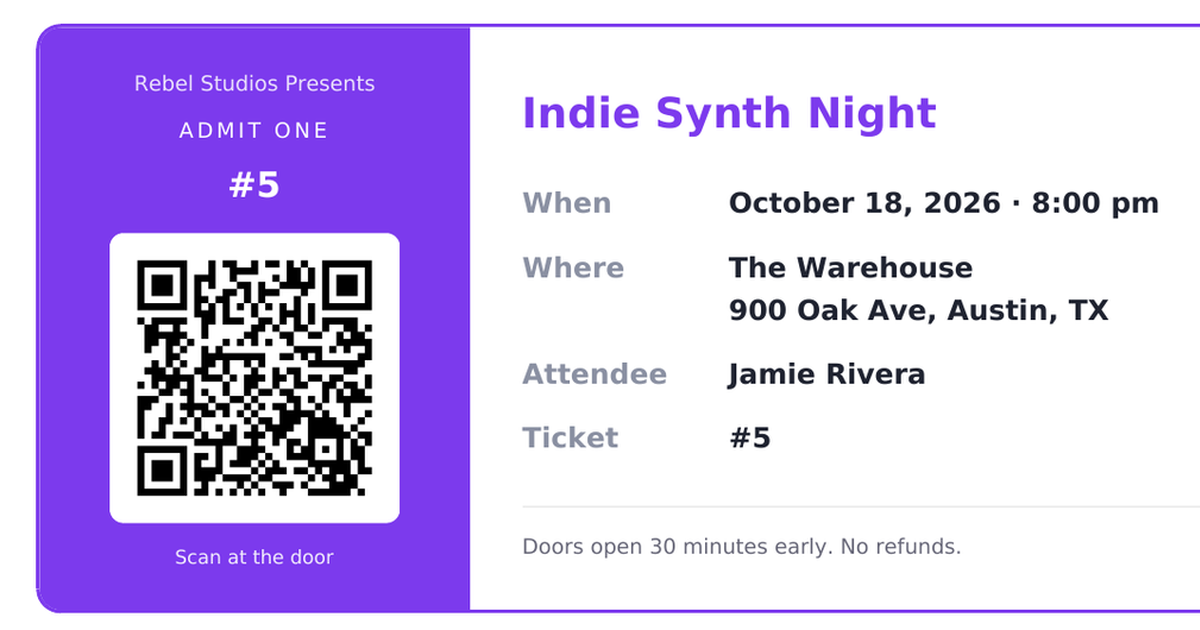 A Rebel Studios event ticket for Indie Synth Night with a QR code to scan at the door