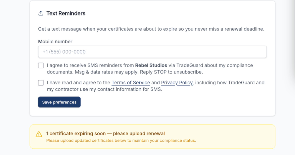 The TradeGuard subcontractor portal: text reminders for expiring certificates and a certificate expiring soon