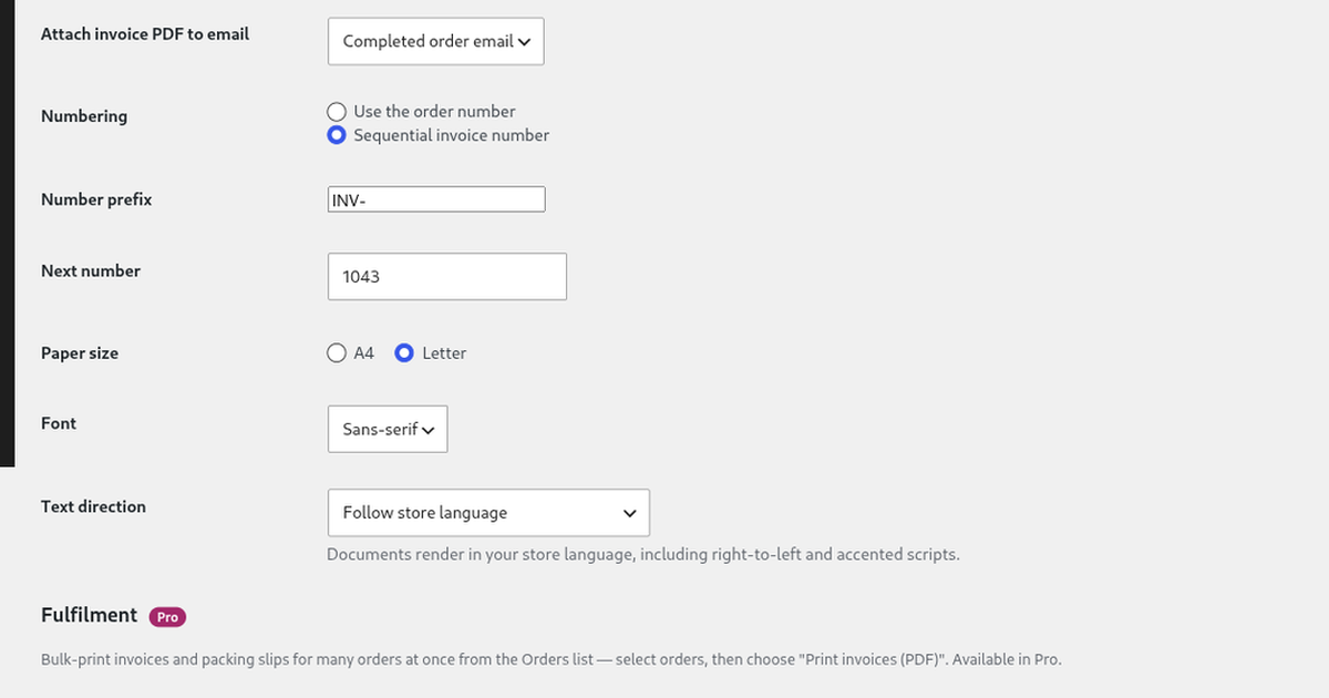 Invoice settings in WooCommerce: sequential invoice numbering, the INV- prefix and the next number