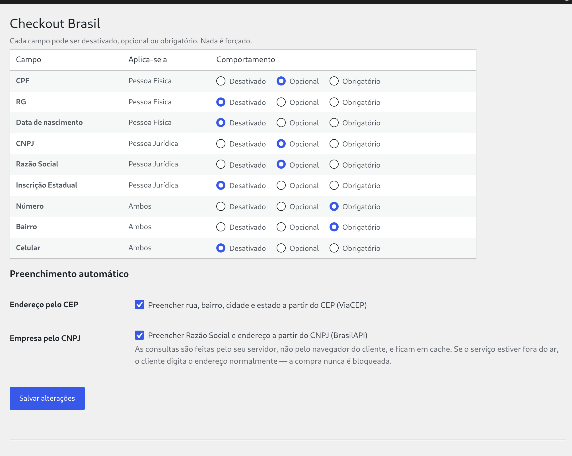 As configurações: cada campo desativado, opcional ou obrigatório, e o preenchimento automático