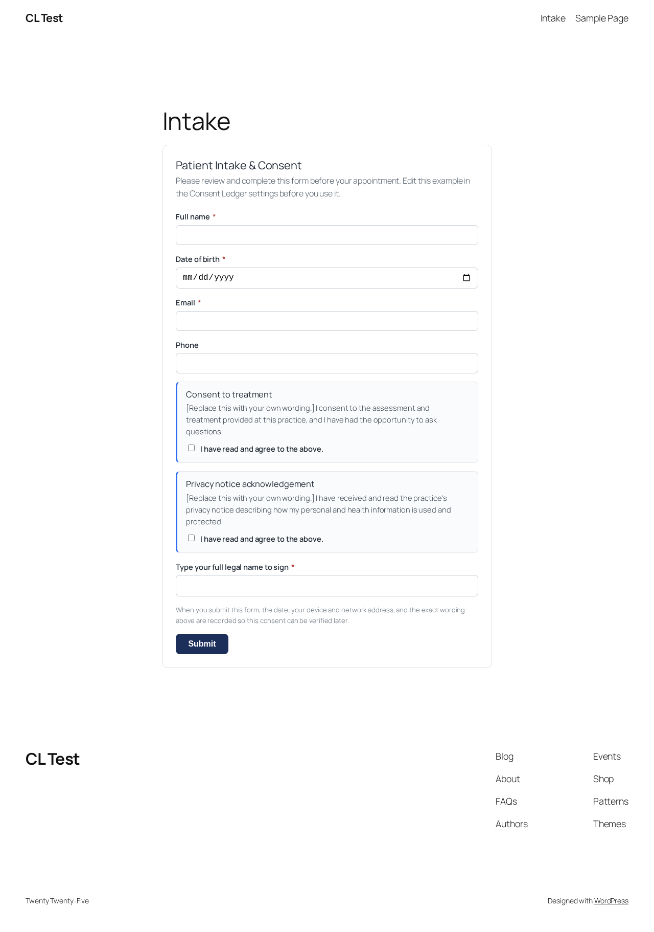 A patient intake and consent form: name, date of birth, email, two consent sections to agree to, and a typed signature