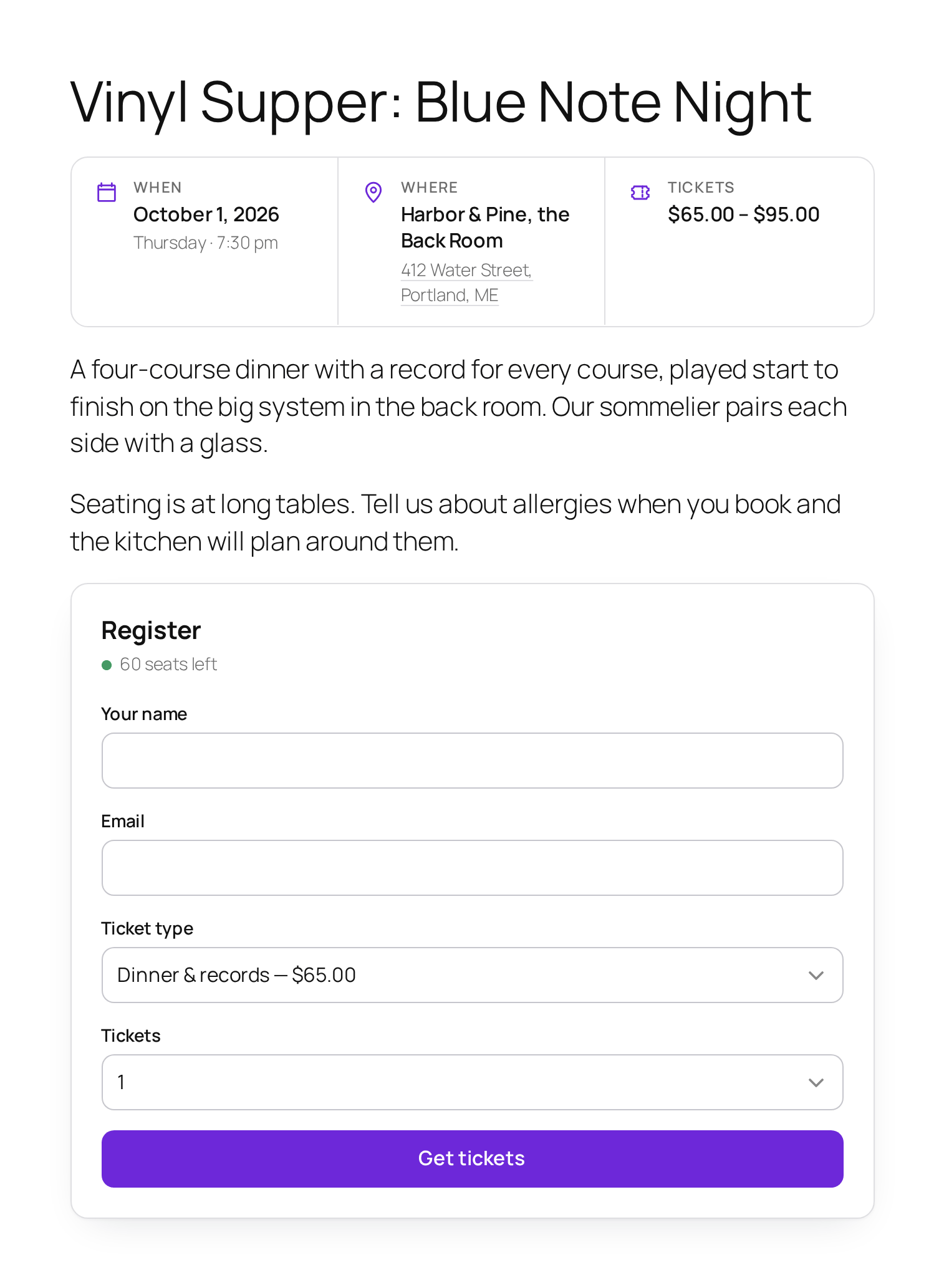 An event page: date, venue and price above the description, then the registration card