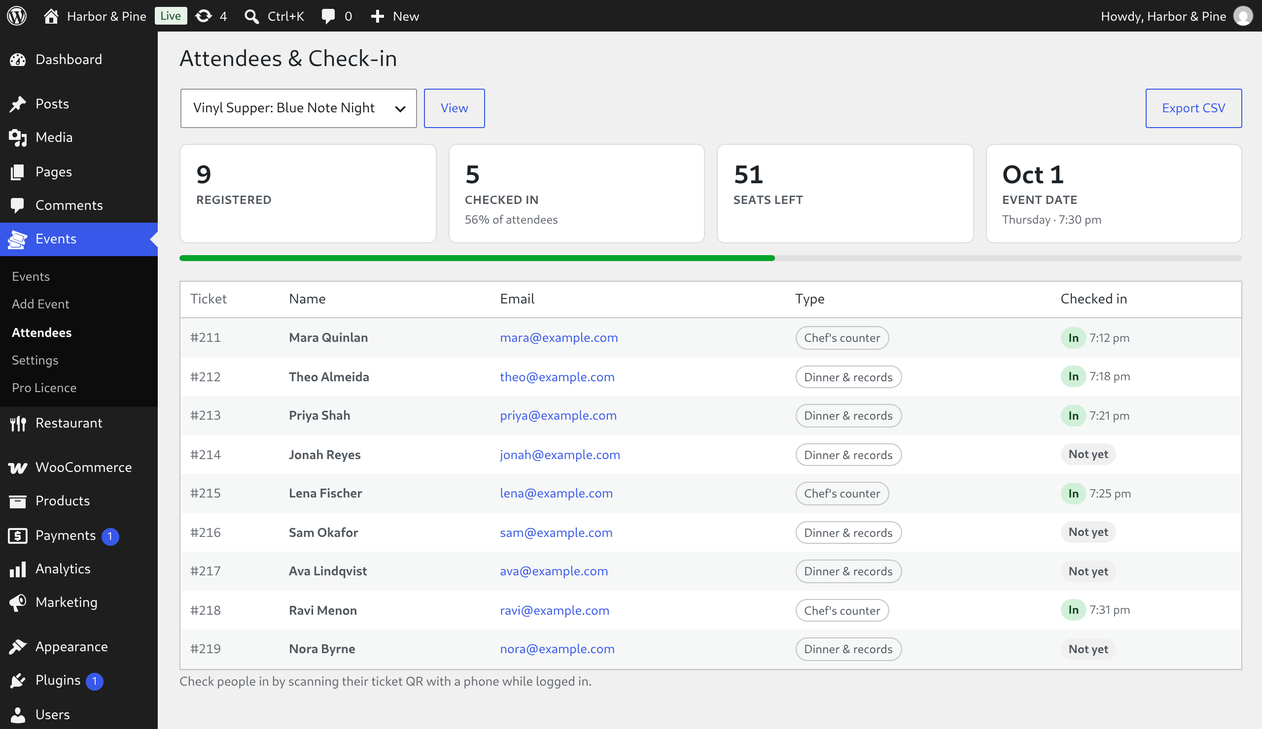 Attendee list and door check-in in the admin