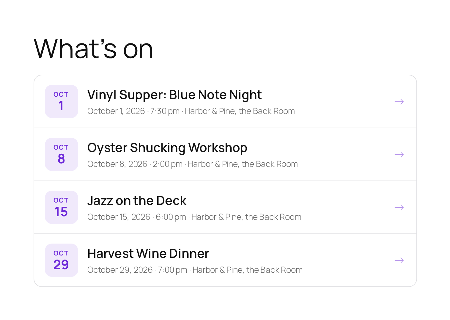 The upcoming events list, placed with a shortcode