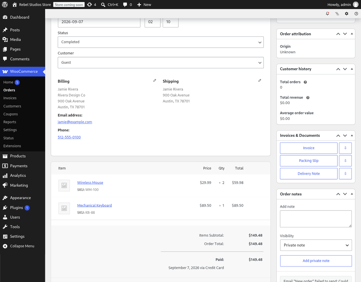 The WooCommerce order screen, with invoice actions inline