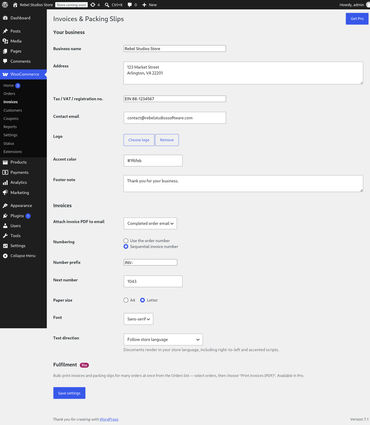 Invoice and packing-slip settings