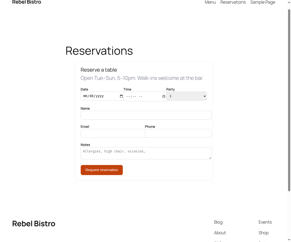 The table reservation form