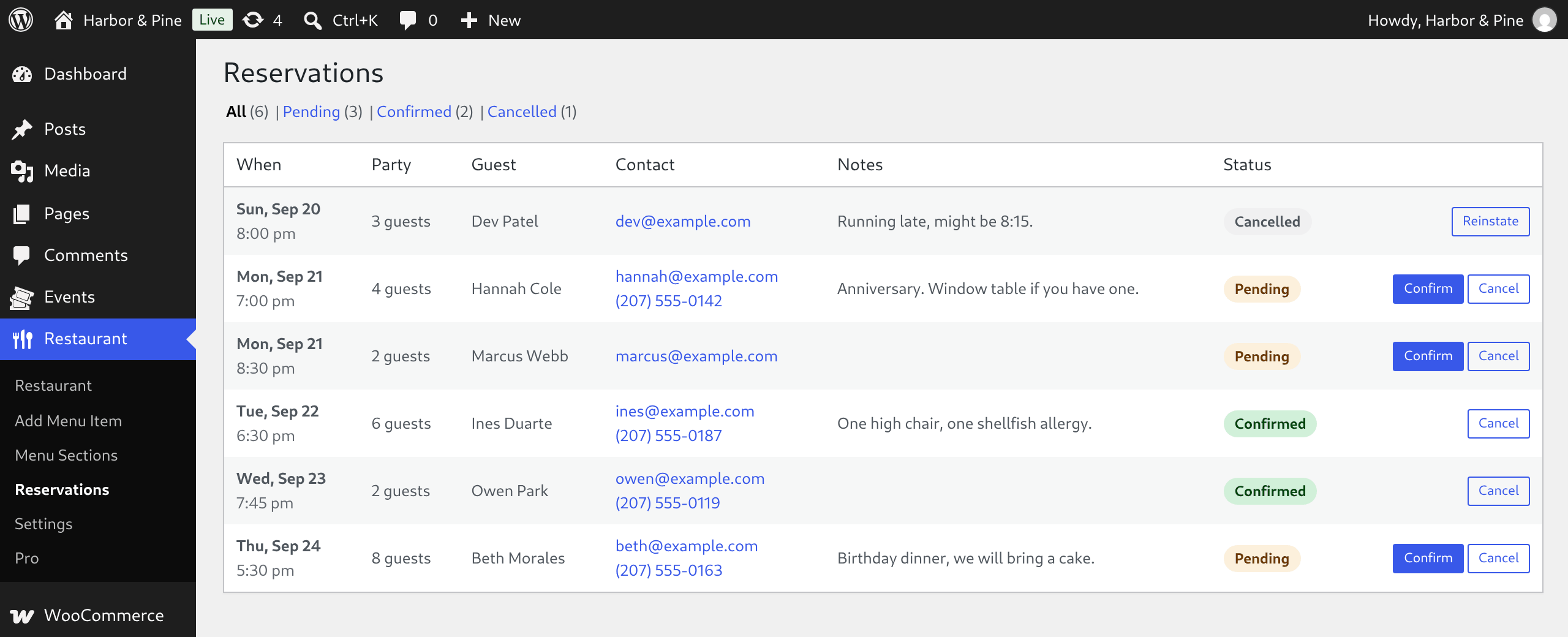 Managing reservations in the admin