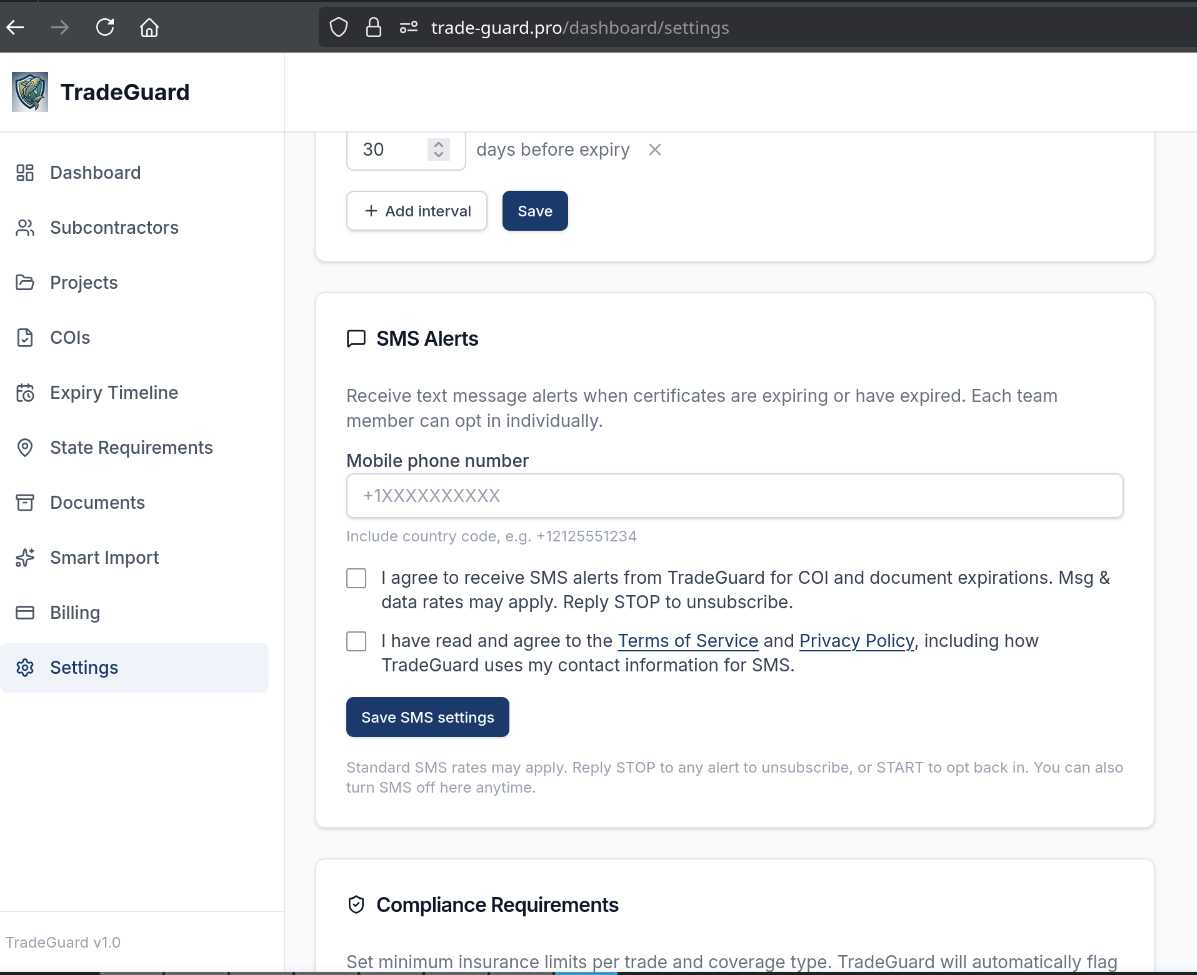 TradeGuard dashboard